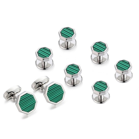 Stunning Green Malachite Silver Octagon Cufflinks Tuxedo Studs Formal 8 Pcs Set - Picture 1 of 16